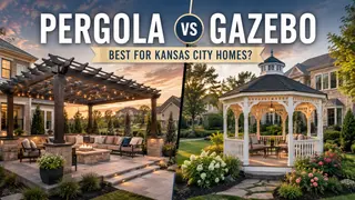Side-by-side comparison of a modern pergola with a fire pit and seating area next to a white gazebo surrounded by landscaping